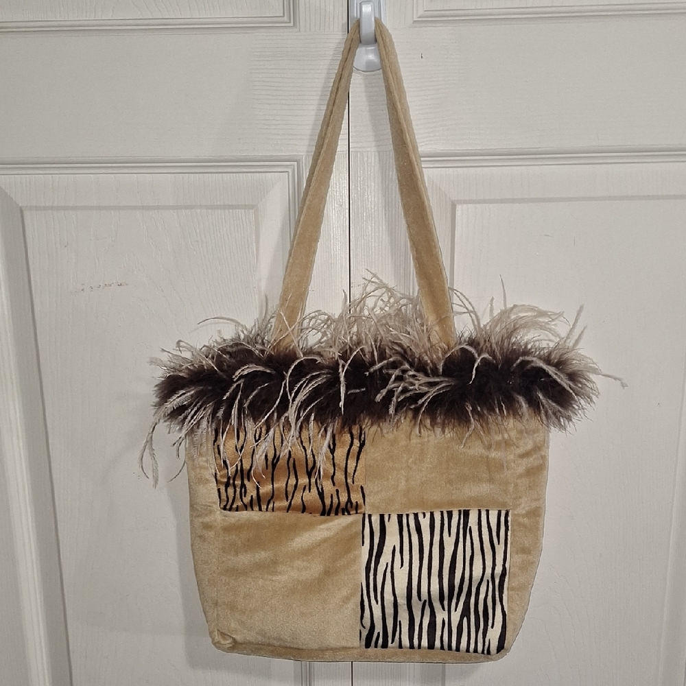 Berkeley Designs Faux Velvet Tote - Feather Trim Zebra /Tiger Patchwork - Tan